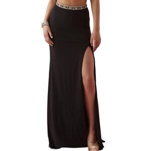 Jovani Embellished Skirt Maxi Beaded Rhinestone Waist Side Slit Black Size 4